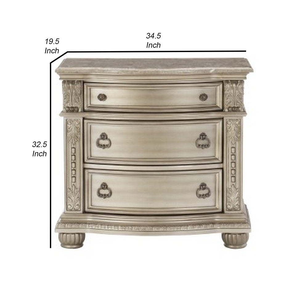 Caitlin 35 Inch 3 Drawer Nightstand with Marble Top, Leaf Carvings, Silver - BM295557