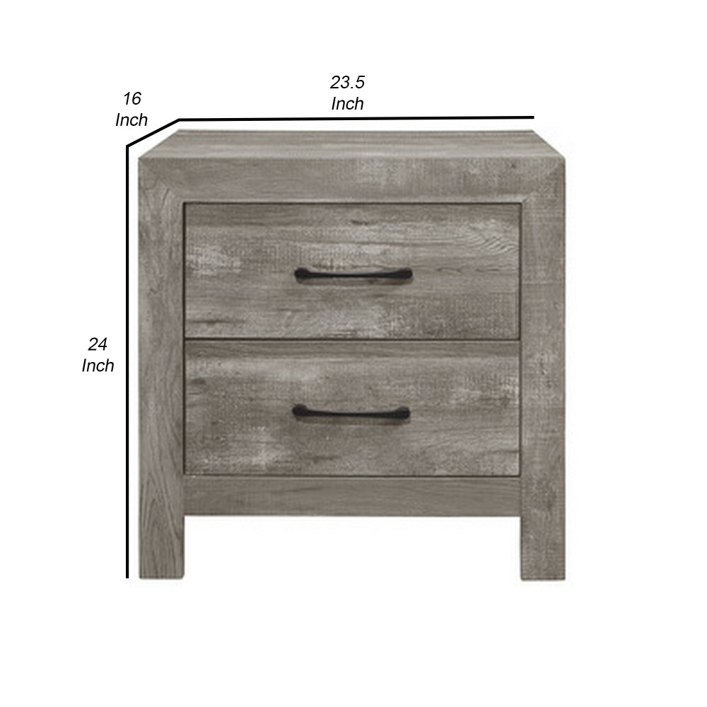 Adia 24 Inch Classic 2 Drawer Nightstand, Metal Handles, Rustic Gray Finish - BM295562