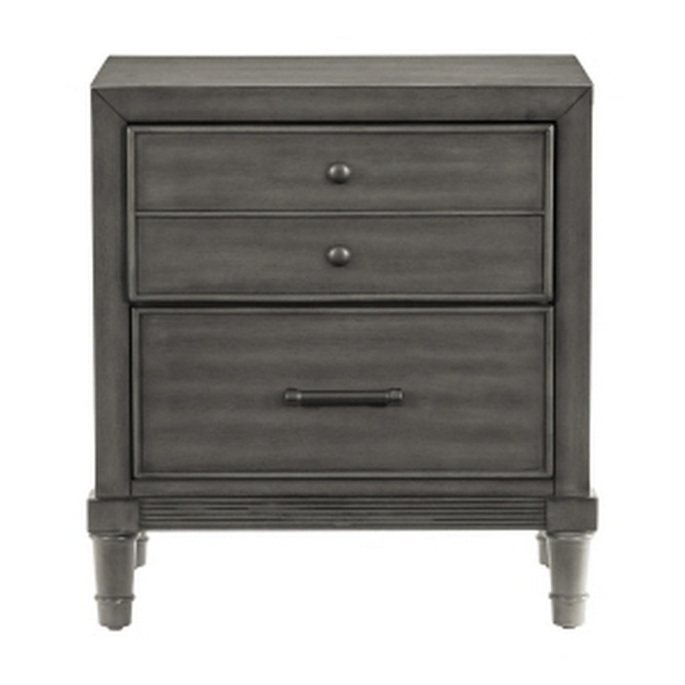 Ceila 27 Inch Classic 2 Drawer Nightstand, Round Tapered Legs, Gray Finish - BM295576