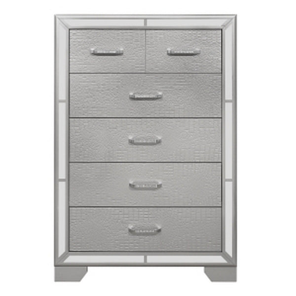 Aisha 49 Inch Modern Tall Dresser Chest with 6 Drawers, Mirror Trim, Silver - BM295581