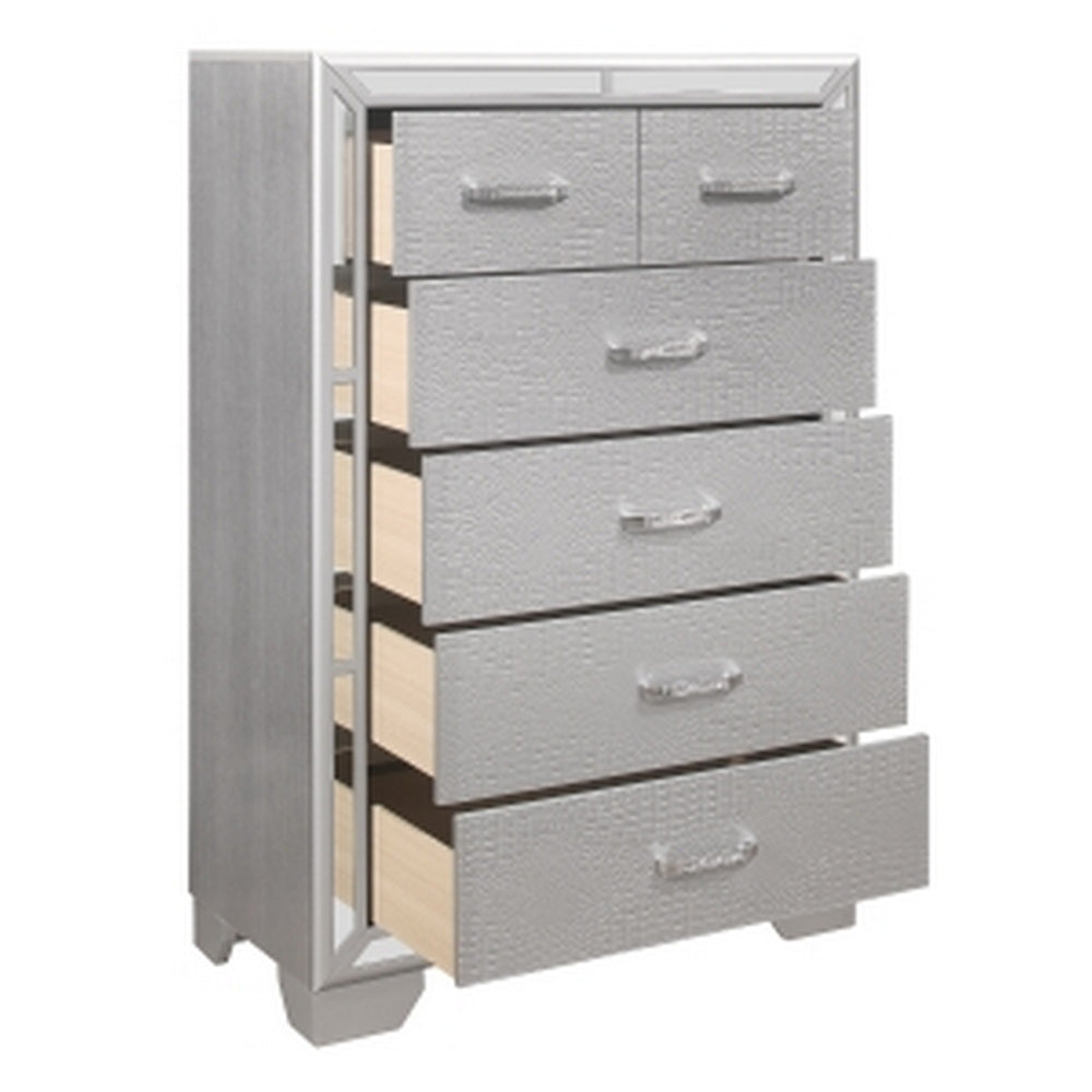 Aisha 49 Inch Modern Tall Dresser Chest with 6 Drawers, Mirror Trim, Silver  - BM295581