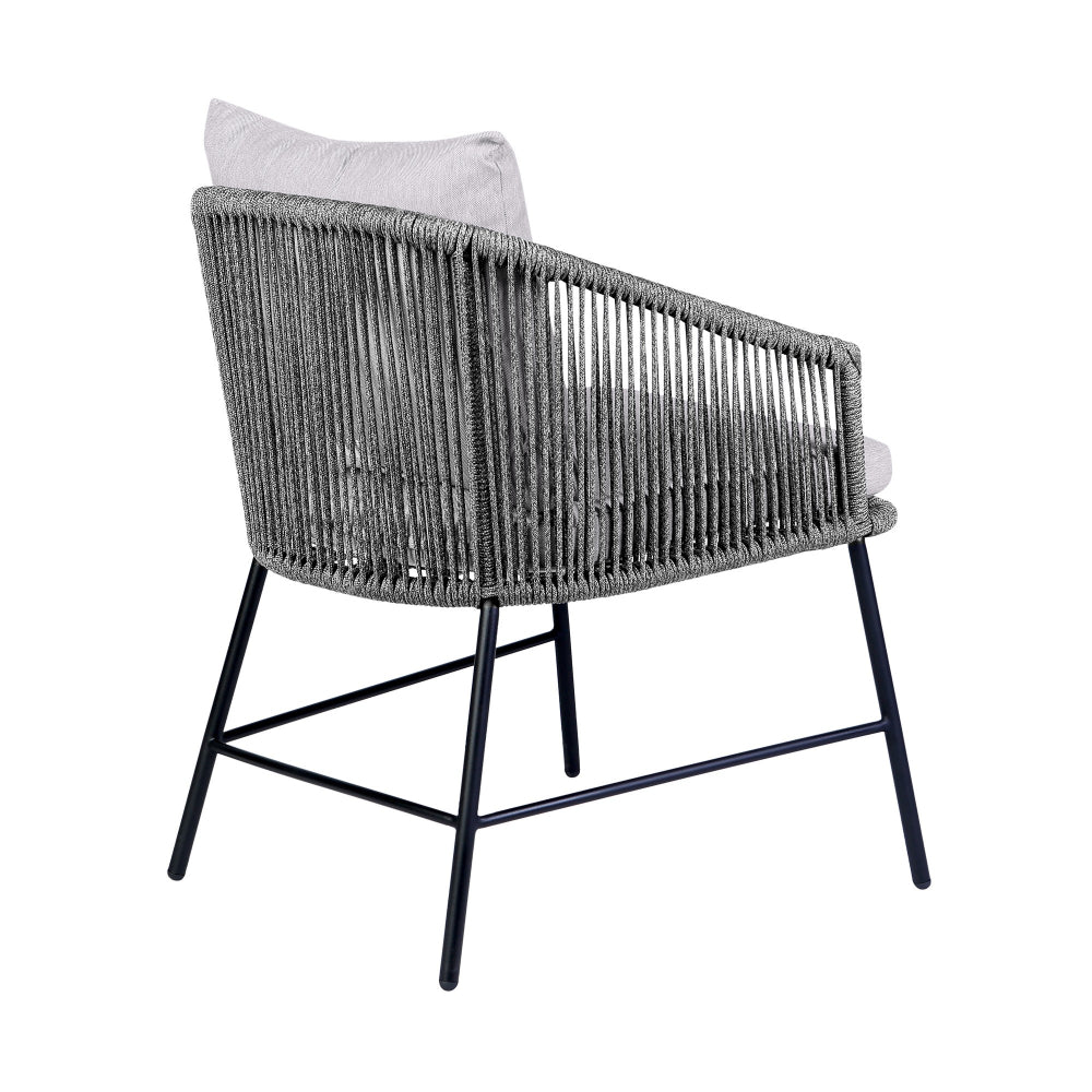 25 Inch Patio Dining Chair, Matte Black Steel Frame, Gray Rope Woven Seat - BM295615