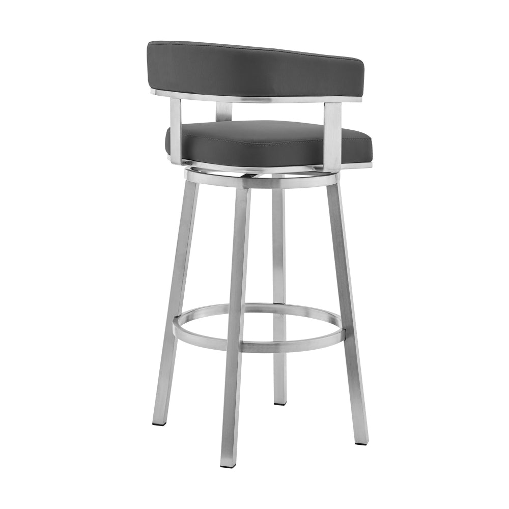 Sez 26 Inch Modern Swivel Counter Stool Arm Chair, Backrest, Steel, Gray - BM295704