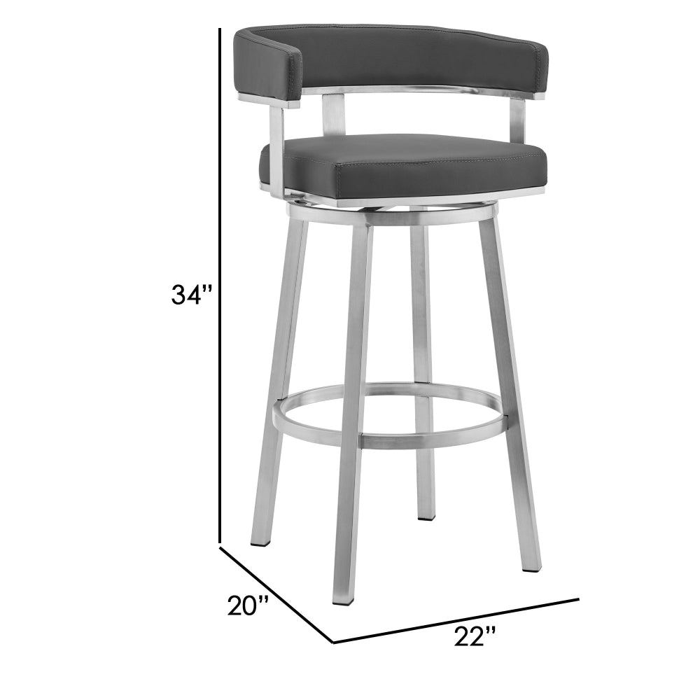 Sez 26 Inch Modern Swivel Counter Stool Arm Chair, Backrest, Steel, Gray - BM295704