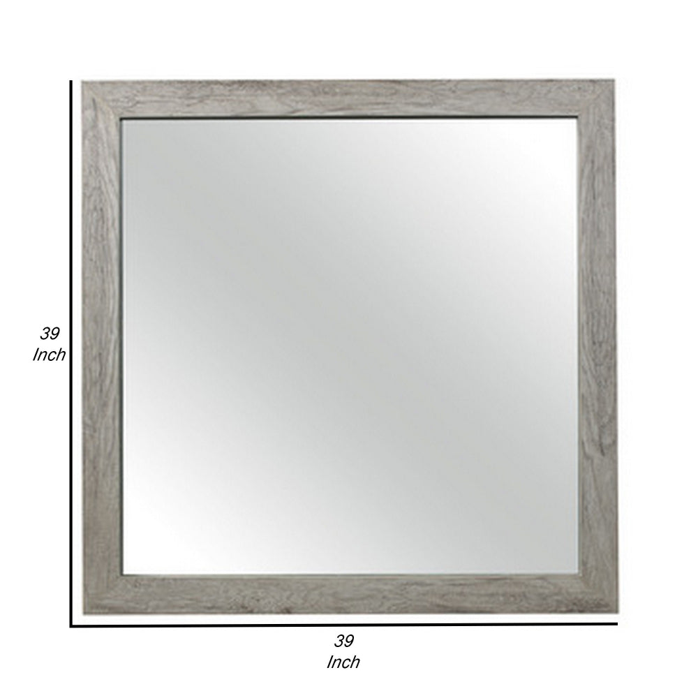 Zane 39 Inch Transitional Mirror, Square Wood Frame, Weathered Gray Veneer - BM295897