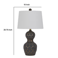 27 Inch Modern Curved Table Lamp, Set of 2, Round Shade, Black, Gold Resin - BM295947