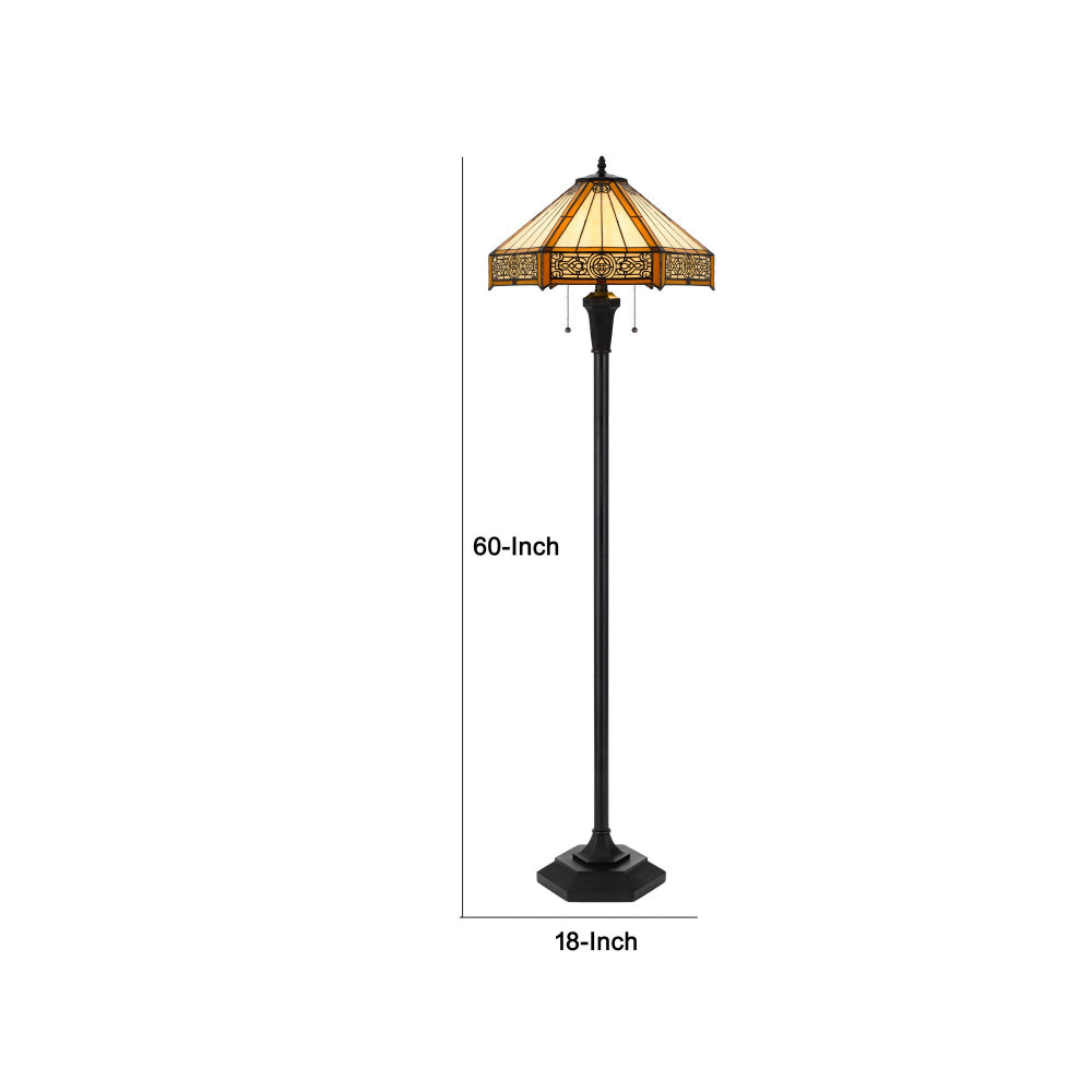 Eli 60 Inch Floor Lamp, Hexagonal Tiffany Style Shade, Dual Light, Bronze - BM295959