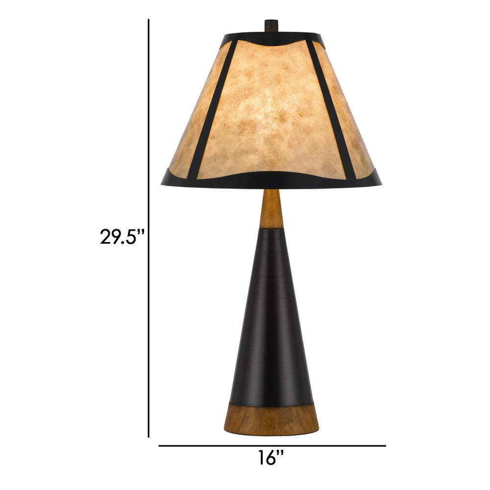 30 Inch 3 Way Table Lamp, Beige Mica Shade, Rubberwood and Black Metal Body - BM295962