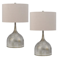 26 Inch Table Lamp, Set of 2, Curved, Beige Fabric Shade, Distressed Gray - BM295984