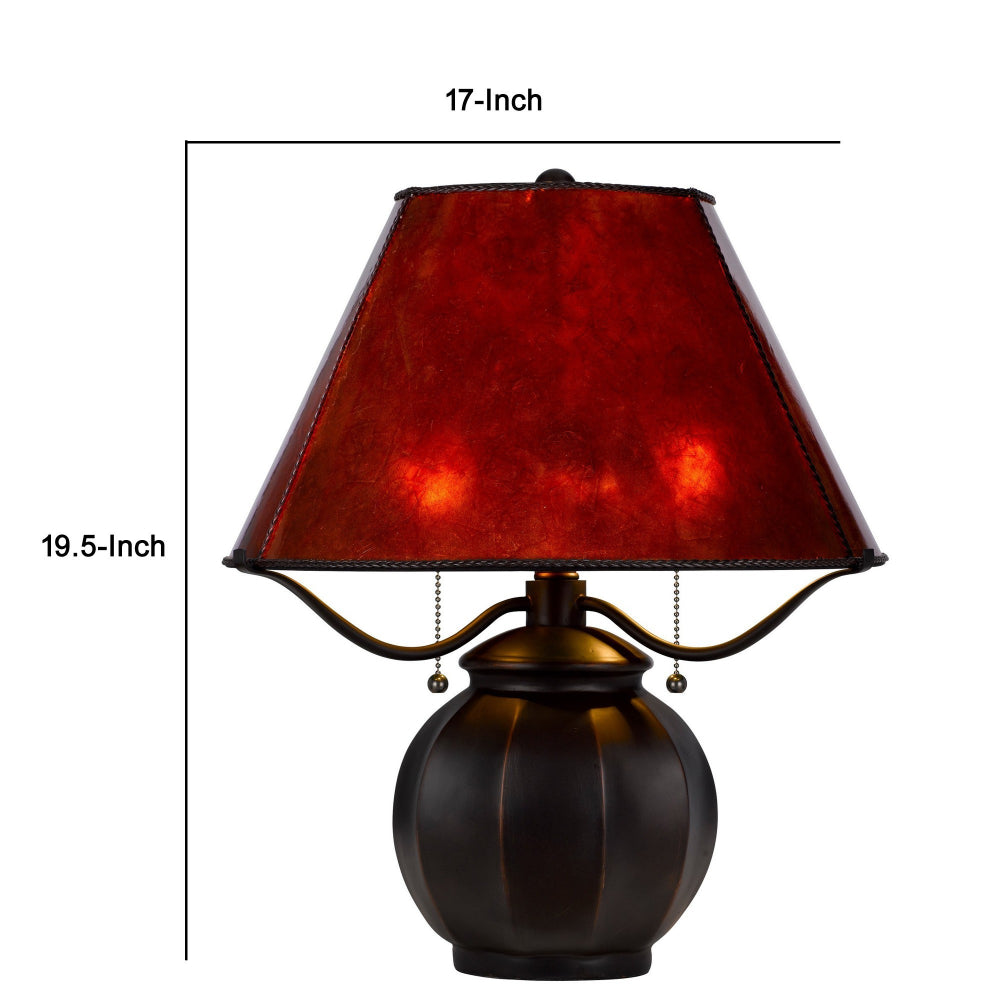 20 Inch Table Lamp, Vintage Red Amber Mica Shade, Upturned Arms, Round Body - BM295986