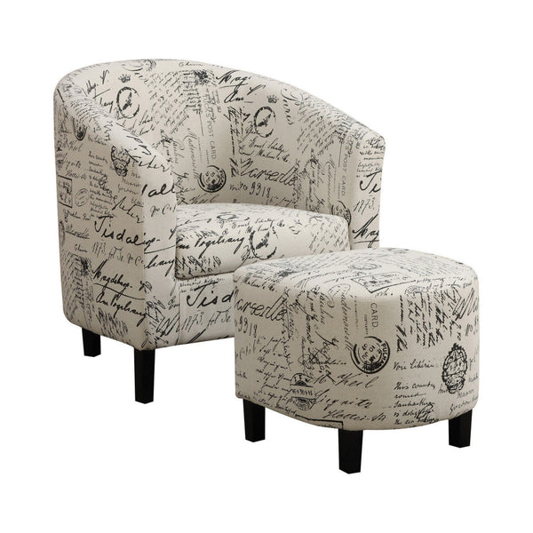 30 Inch Barrel Accent Chair with Half Oval Ottoman, Off White French Script - BM296084