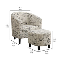 30 Inch Barrel Accent Chair with Half Oval Ottoman, Off White French Script - BM296084