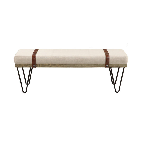 47 Inch Accent Bench, Faux Leather Straps, Black Hairpin Legs, Beige Fabric - BM296087