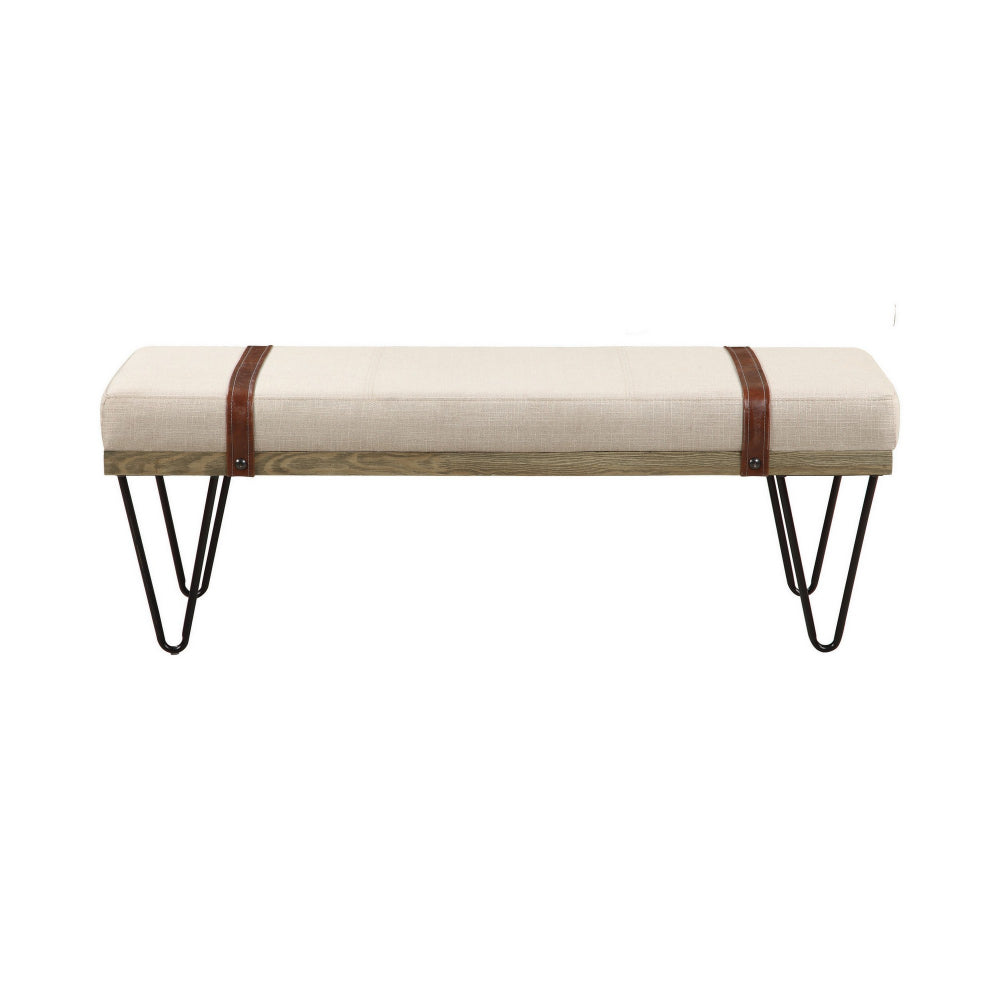 47 Inch Accent Bench, Faux Leather Straps, Black Hairpin Legs, Beige Fabric - BM296087