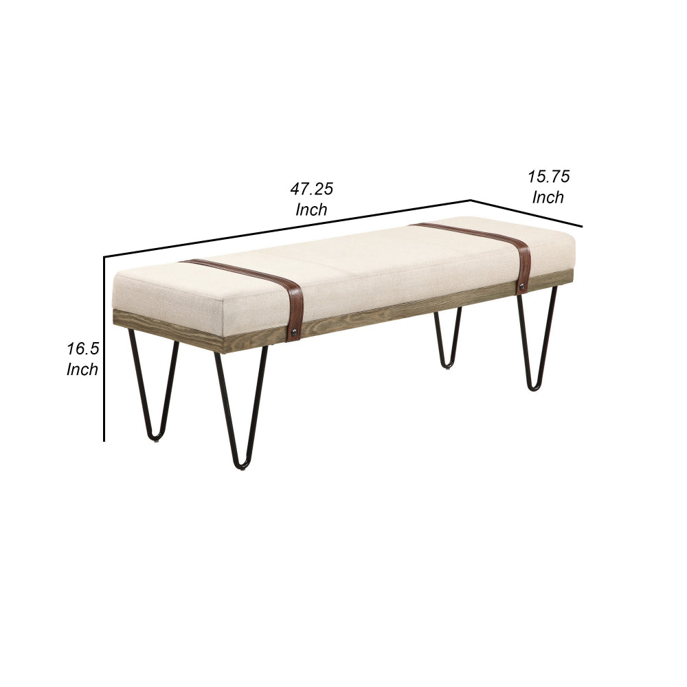 47 Inch Accent Bench, Faux Leather Straps, Black Hairpin Legs, Beige Fabric - BM296087