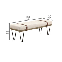 47 Inch Accent Bench, Faux Leather Straps, Black Hairpin Legs, Beige Fabric - BM296087