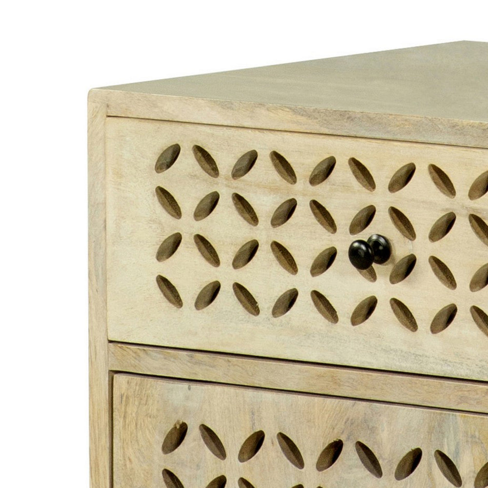 22 Inch 1 Drawer Accent Cabinet, Lattice Cut Outs on Front, Whitewash Wood - BM296122