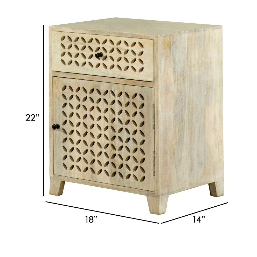 22 Inch 1 Drawer Accent Cabinet, Lattice Cut Outs on Front, Whitewash Wood - BM296122