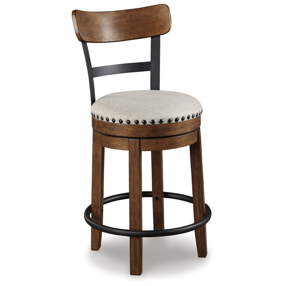 Zane 25 Inch Swivel Counter Height Stool, Round Cushioned Seat, Brown Wood - BM296511