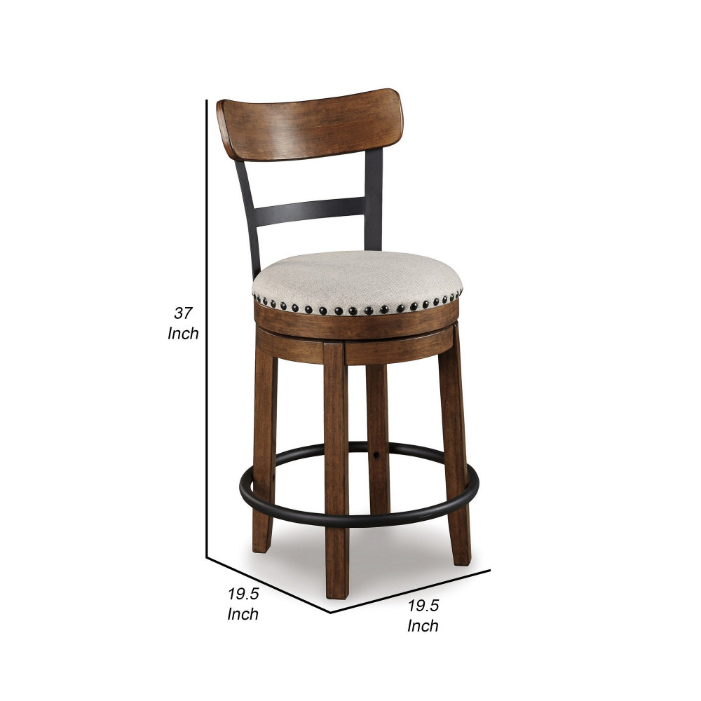 Zane 25 Inch Swivel Counter Height Stool, Round Cushioned Seat, Brown Wood - BM296511