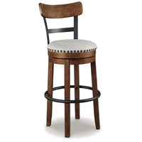 Zane 30 Inch Swivel Barstool, Round Cushioned Seat, Rich Brown Wood Frame - BM296519