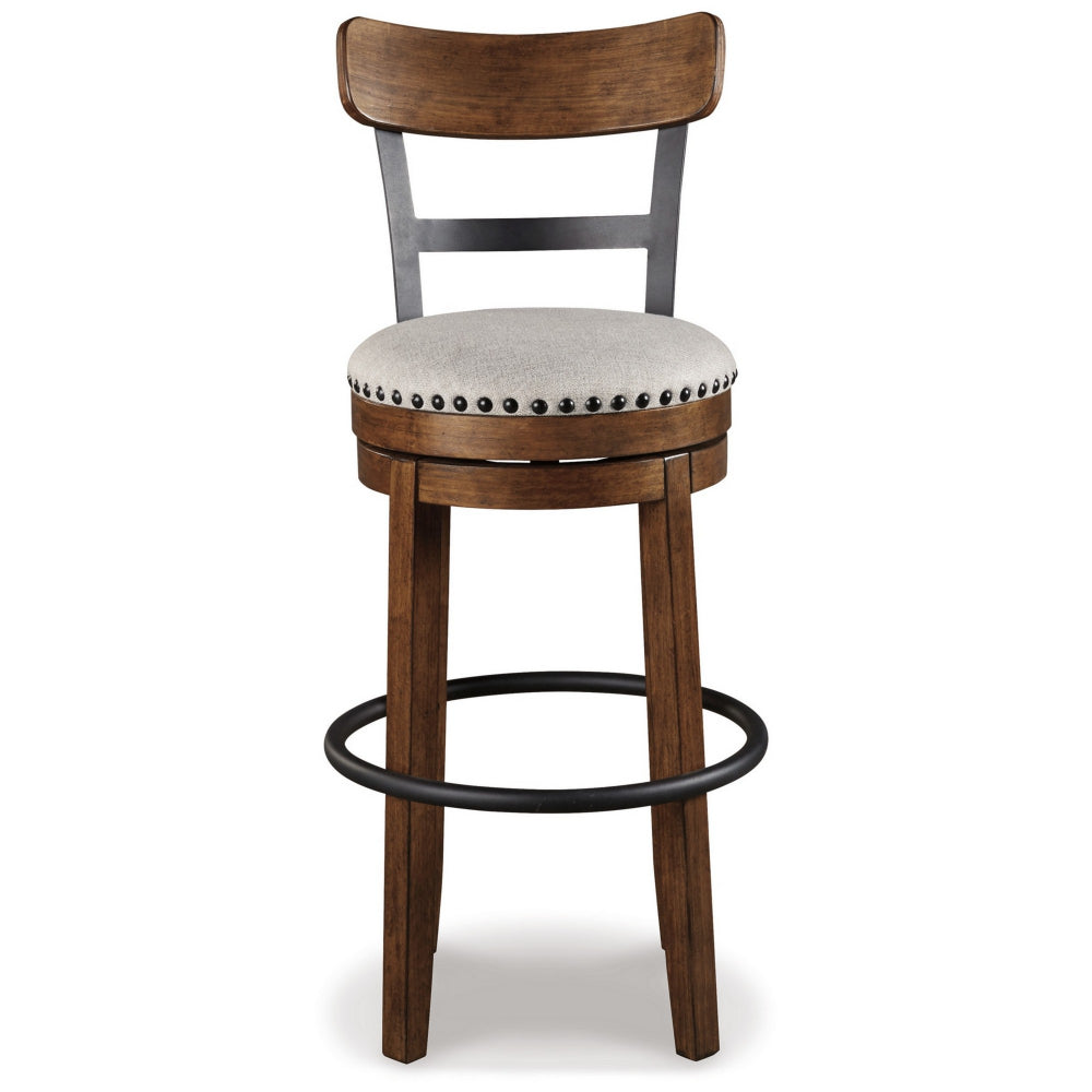 Zane 30 Inch Swivel Barstool, Round Cushioned Seat, Rich Brown Wood Frame - BM296519