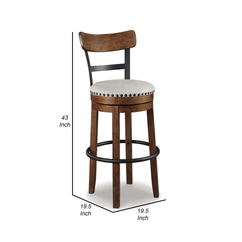 Zane 30 Inch Swivel Barstool, Round Cushioned Seat, Rich Brown Wood Frame - BM296519