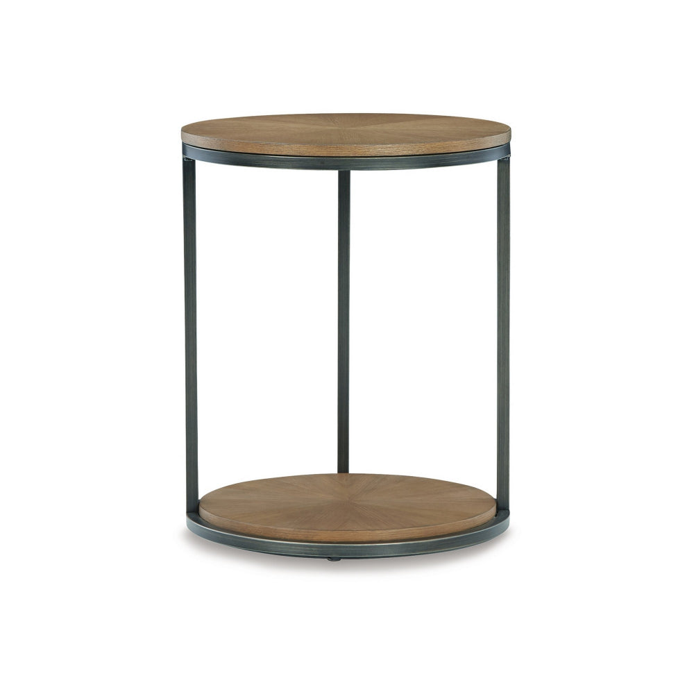 22 Inch Modern Side End Table, Round Wood Top, Black Metal Frame, Brown - BM296550