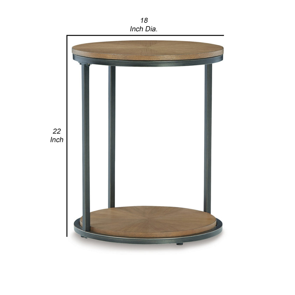 22 Inch Modern Side End Table, Round Wood Top, Black Metal Frame, Brown - BM296550