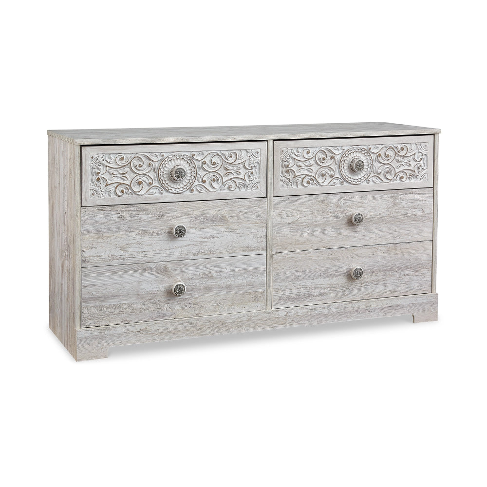 59 Inch Dresser, 6 Drawers, Medallion Design Front, Whitewashed MDF Frame - BM296558