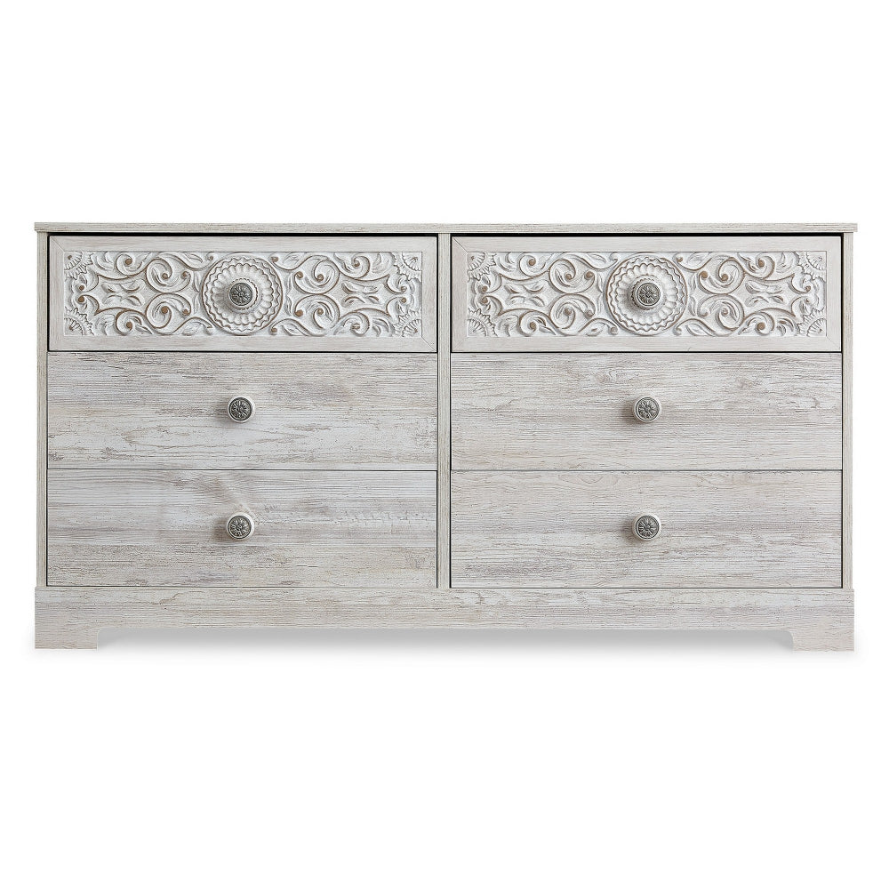 59 Inch Dresser, 6 Drawers, Medallion Design Front, Whitewashed MDF Frame - BM296558