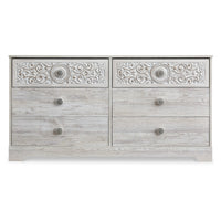 59 Inch Dresser, 6 Drawers, Medallion Design Front, Whitewashed MDF Frame - BM296558