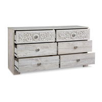 59 Inch Dresser, 6 Drawers, Medallion Design Front, Whitewashed MDF Frame - BM296558