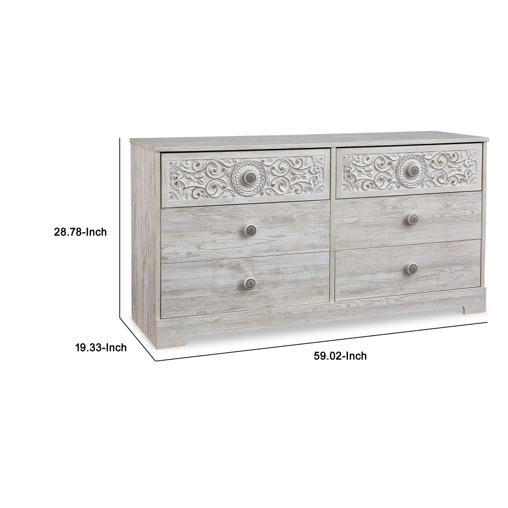 59 Inch Dresser, 6 Drawers, Medallion Design Front, Whitewashed MDF Frame - BM296558