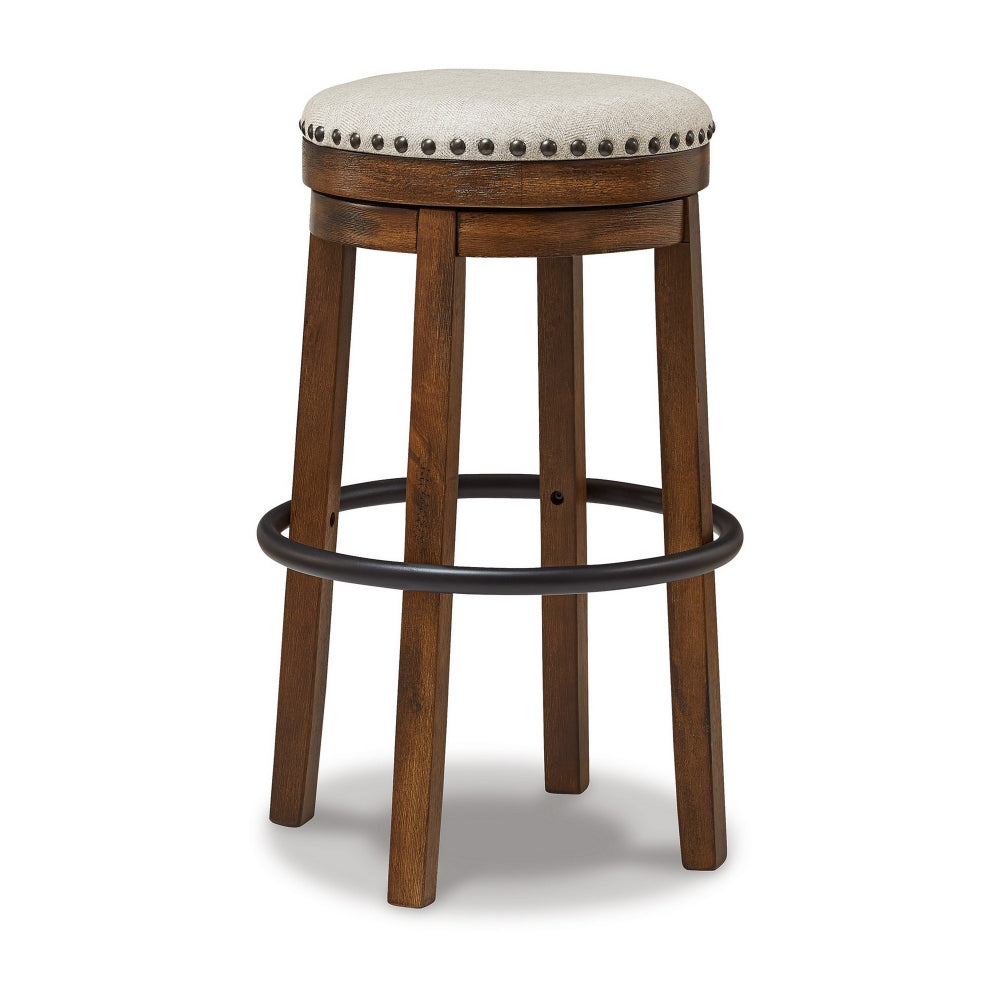 Zane 30 Inch Backless Swivel Barstool, Round Beige Seat, Brown Wood Frame - BM296563