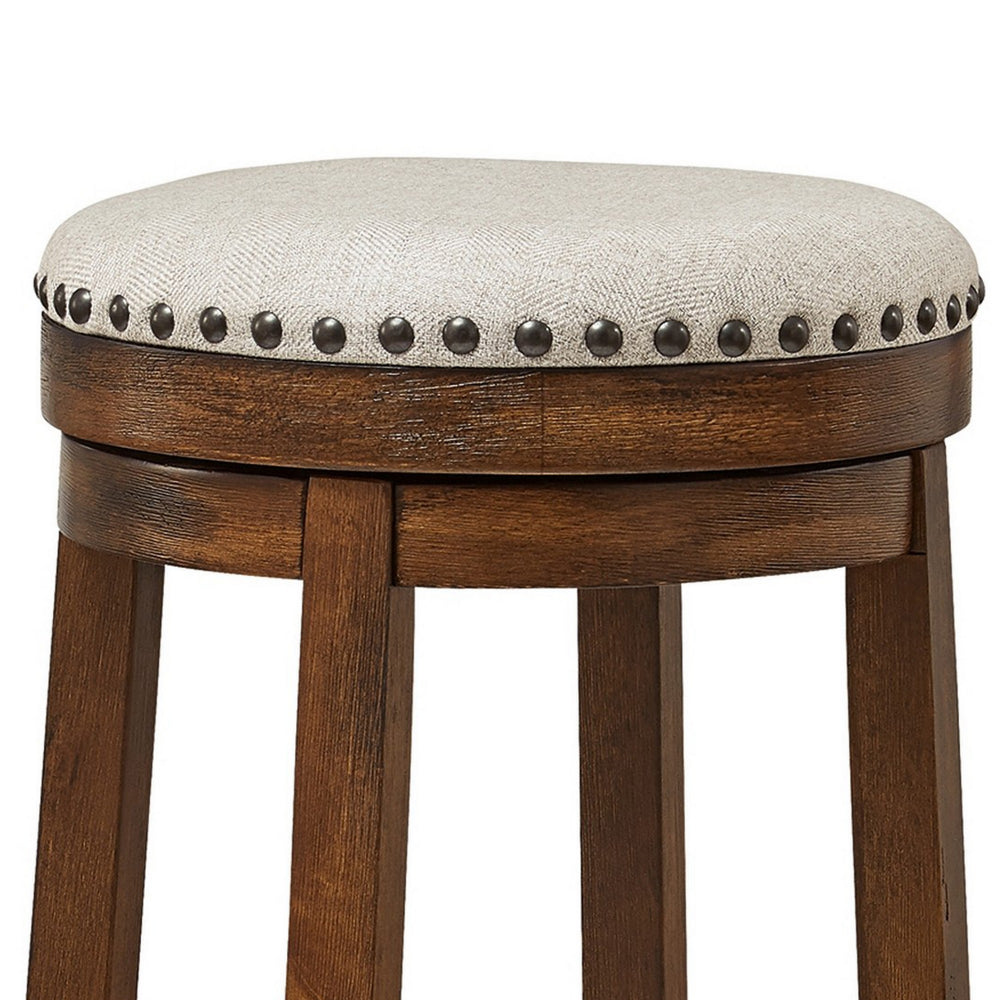 Zane 30 Inch Backless Swivel Barstool, Round Beige Seat, Brown Wood Frame - BM296563