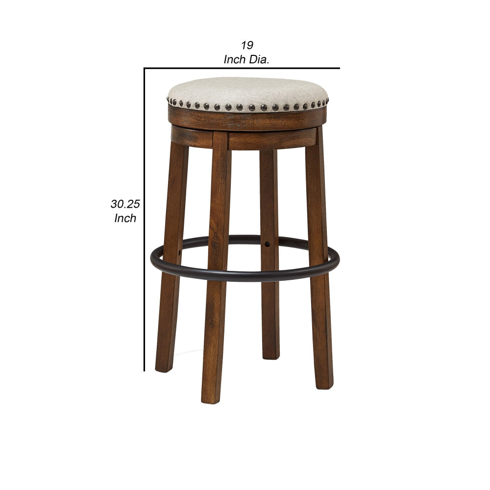 Zane 30 Inch Backless Swivel Barstool, Round Beige Seat, Brown Wood Frame - BM296563