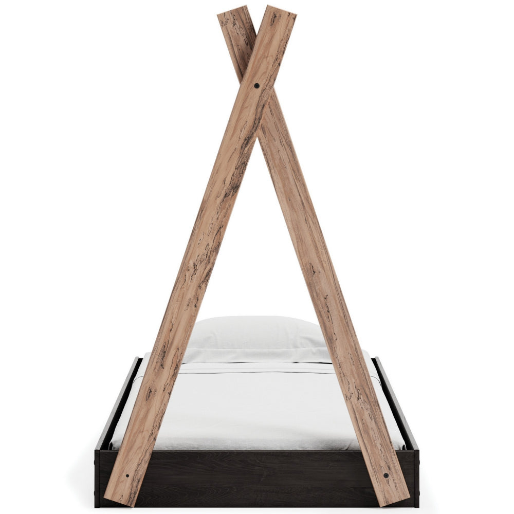 Pipa Modern Twin Size Bed, Crossed Wood A Frame Tent Stand, Jet Black Base - BM296570