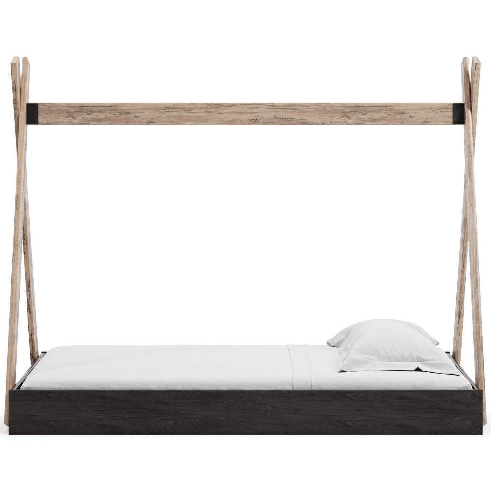 Pipa Modern Twin Size Bed, Crossed Wood A Frame Tent Stand, Jet Black Base - BM296570