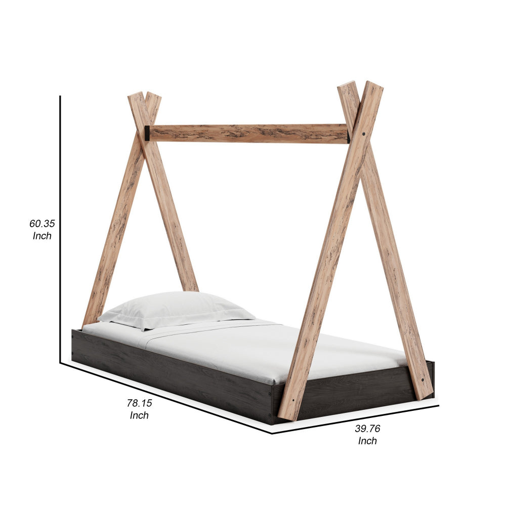 Pipa Modern Twin Size Bed, Crossed Wood A Frame Tent Stand, Jet Black Base - BM296570