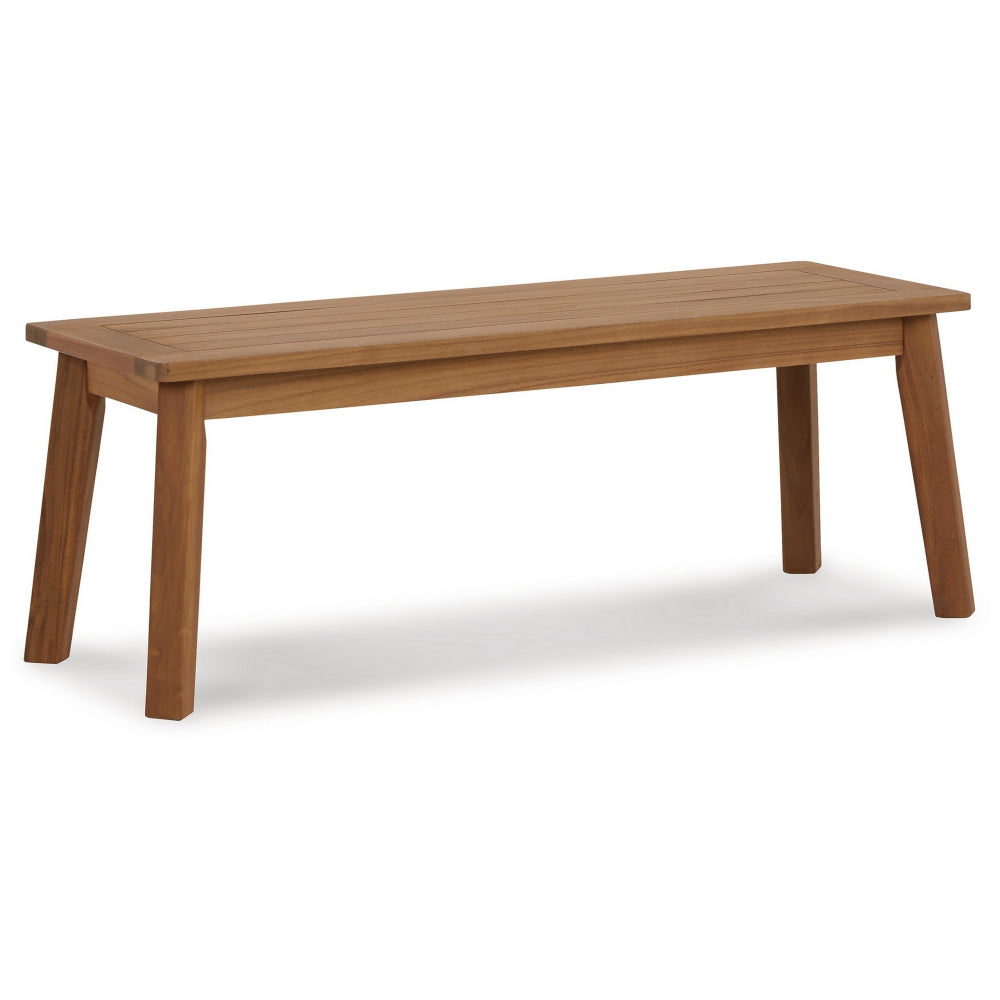 47 Inch Rectangular Bench, Natural Acacia Wood, Slatted Seat, Angled Legs - BM296581