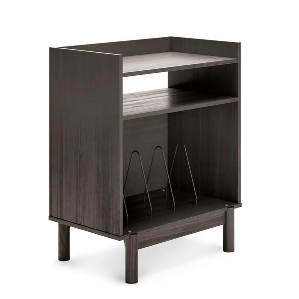 33 Inch Wood Turntable Accent Console, Open Shelves, Four Dividers, Gray - BM296587
