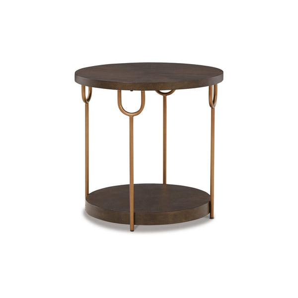 24 Inch Modern Round Side End Table, Espresso Brown Wood, Gold Metal Legs - BM296591