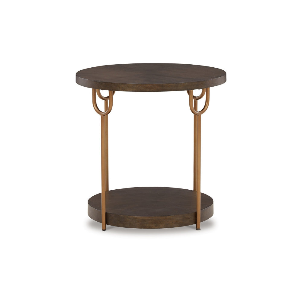 24 Inch Modern Round Side End Table, Espresso Brown Wood, Gold Metal Legs - BM296591