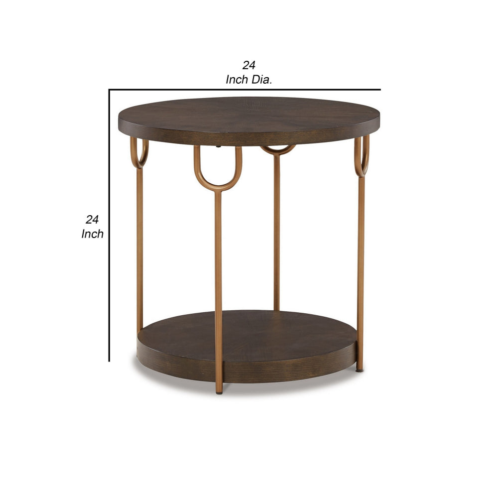 24 Inch Modern Round Side End Table, Espresso Brown Wood, Gold Metal Legs - BM296591