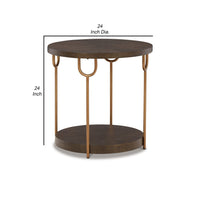 24 Inch Modern Round Side End Table, Espresso Brown Wood, Gold Metal Legs - BM296591