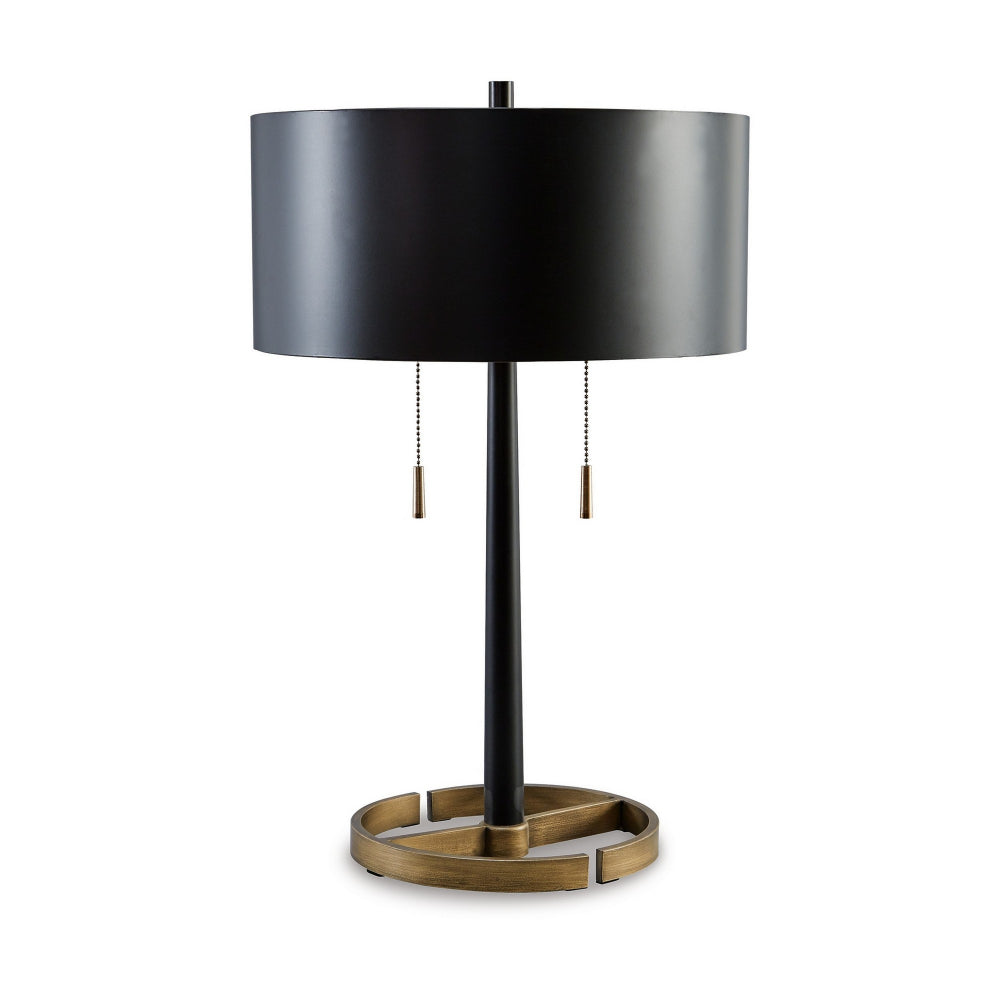 Kien 24 Inch Modern Table Lamp, Black Metal Drum Shade, Gold Toned Base - BM296596