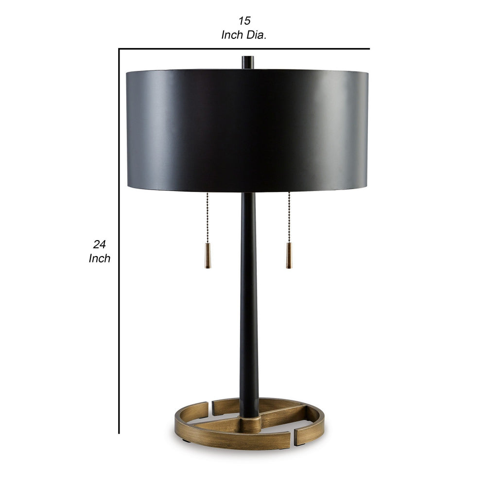 Kien 24 Inch Modern Table Lamp, Black Metal Drum Shade, Gold Toned Base - BM296596