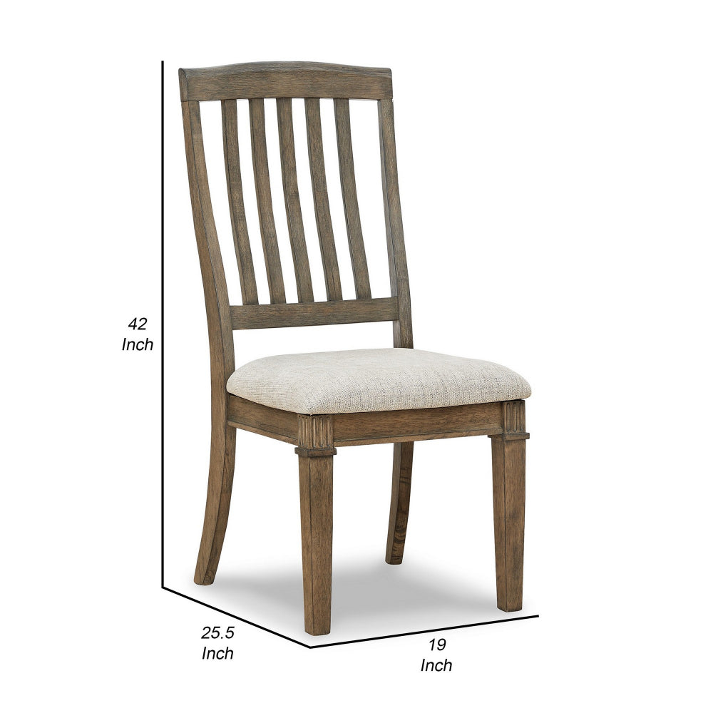 19 Inch Dining Chair, Set of 2, Slatted Back, Brown Wood, Beige Polyester - BM296607