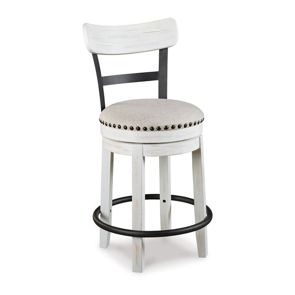 Zane 25 Inch Swivel Counter Height Stool, Round Cushioned Seat, White Wood - BM296616